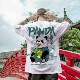 HMZ Oversized Tee Bamboo Leaf Panda Print Loose Short Sleeve Summer Men's Hip Hop Top Pure Cotton T-Shirt Ins Couple Clothing G220223