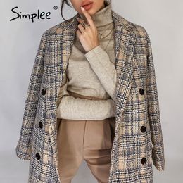 Simplee Office ladies plaid women tweed blazer coat Causal long sleeve autumn winter coat Button pocket female suit short blazer 201201