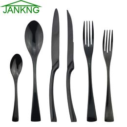 JANKNG 24Pcs 18/10 Stainless Steel Dinnerware Set Black Dinner Spoon Fork Knife Cutlery Set Tableware Set Service For 4 or 6 201116