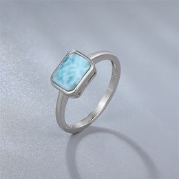 Trend 925 Sterling Silver Natural Gemstones Larimar Ring for Women Geometry Design Classic Simple Female Jewelry Dating 220216