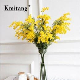 50pcs 57cm Fake Yellow Flower Branch Artificial Plant Mimosa Plastic Leaves Small Pompon Stamen For Dining Table Bedroom Decor LJ200910