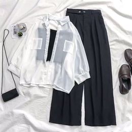 Summer Casual Woman Three Piece Sets Chiffon Thin Shirt Match Black Sling And Wide Leg Pants Female Korean Suits Solid 220315
