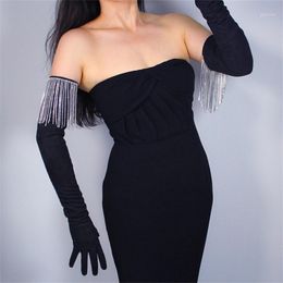 Five Fingers Gloves 2021 70cm Rhinestone Extra Long Tassel Chain Diamond Imitation Leather Suede Matte Black Woman's WJP09-701