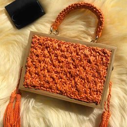 Shopping Bags Fashion Wooden Box Straw Designer Wicker Woven Women Handbags Luxury Chains Rattan Shoulder Crossbody Summer Beach Bag 220301