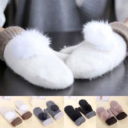 Luxury-Thicken Velvet Full Finger Gloves Knitted Mittens Wool Gloves Double Layer Fur Pompom Glove Soft Warm Winter Wrist