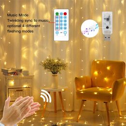 3x3m USB Window Curtain String Light Christmas LED Fairy Lights Outdoor Music Control 8 Lighting Mode Garland Wedding Party Deco