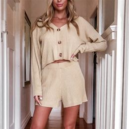 Knitting Two Pieces Sets Women V-neck Long Sleeve Button Crop Tops And Elastic Shorts Suits Female Fashion Outfits Summer Sets T200701