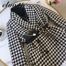 Autumn Winter Blazer Woollen Coat Women Fashion Elegant Double Breasted Houndstooth Thick Office Work Jacket Suit With Waist Bag 201201