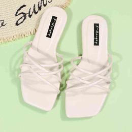 Slippers Women Outdoor Flat Multi Strap Criss Cross Slide Sandals Solid Color Non Slip Sexy Beach Leisure 220304