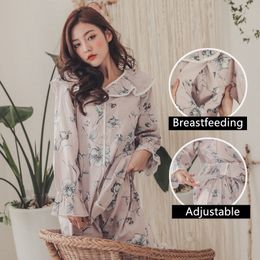 Cotton Pijama Maternal Pink Prenatal + Postnatal Clothes Spring Autumn New Long Sleeve Nursing Nightwear Breastfeeding Pyjamas LJ201120