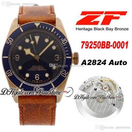 ZF Bronze A2824 Automatic Mens Watch 43mm Blue Dial Aged Brown Leather Strap Best Edition Puretime PTTD C09