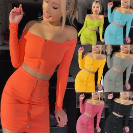 Sexy Off Shoulder Two Piece Set Solid Button Bodycon 2 Piece Set Women Long Sleeve Top And Skirt Summer Autumn Sets shorts set T200701
