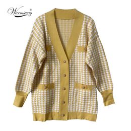 Casual Long Knitted Pink Cardigan Female Autumn Winter Drop Shoulder Sweater Coat Basic Button Women's Houndstooth Tops C-308 211221