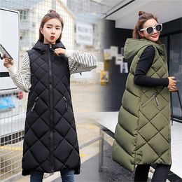 Autumn Winter Hooded Long Down Vests Women Solid Sleeveless Loose Mixi Waistcoat Female New Fashion Casual Warm Lady Coats 201214