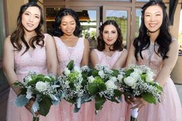 Pink Bridesmaid Dresses A Line Tulle Lace Applique Beaded Floor Length Ribbon Sash V Neck Beach Wedding Maid Of Honour Gown Vestidos