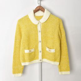 2022 Spring Long Sleeves Peter Pan Neckline Yellow Cardigan French Style Contrast Color Knitted Double Pockets Contrast Trim Single-Breasted Sweaters 21O271068