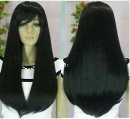stylish long black straight hair women's wig + Free wig cap