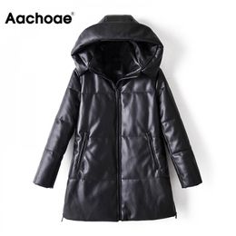 Aachoae Winter Casual Faux Leather Black Coat Women Long Sleeve Thick Warm Jacket Lady Pu Leather Midi Long Hooded Tops 210201