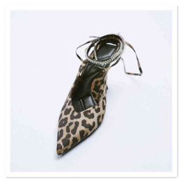 Sandals Heels Women Luxury Brand ZAR Summer Pointed Toe Leopard Rhinestones Print Slingback High-Heeled Mules Women's Shoes 220309