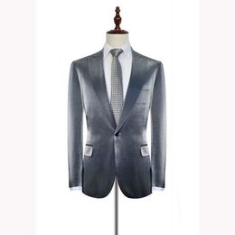 Velvet Men Suits Silver Grey Slim Fit One Button Two Pieces (Jacket+Pants) Blazer Groom Tuxedos Business Party Wear