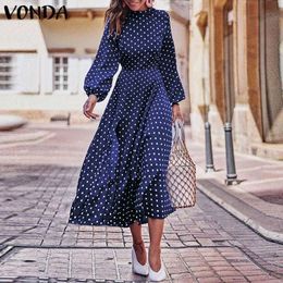 VONDA Bohemian Dresses Autumn Women Long Sleeve Vintage Polka Dot O-Neck Dress Casual Loose Midi Dress Plus Size Sundress T200416