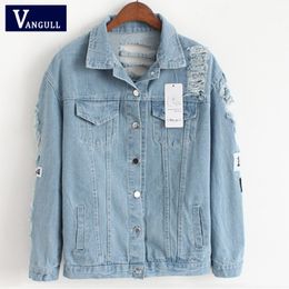 Women Frayed Denim Bomber Jacket Appliques Print Where Is My Mind Lady Vintage Elegant Outwear Autumn Fashion Coat Vangull LJ200814