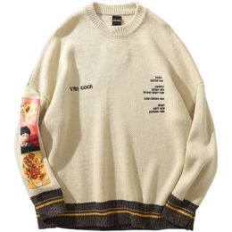 Men Sweater 100% Cotton Hip Hop Pullover Streetwear Van Gogh Painting Embroidery Knitted Retro Vintage Autumn Wool Sweaters Mens 201104