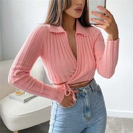 Women's Sweater Solid Cross V-Neck Lace Up Bow Jumpers Long Sleeve Cardigan Female Spring Knitted Coat 211221