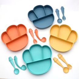 Dinnerware Sets Heat Straw Divider Plate Eating Training Portable Spoon Fork Dinner Plates Set Cartoon Cat Claw Children Tableware Gift WH0267
