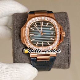 New 5711 5711/1 Blue Texture Dial Cal.324 SC Automatic Mens Watch Rose Gold Big Diamond Bezel Blue Leather Sport Watches HWPP Hello_watch