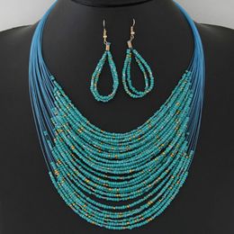 Hot Selling Fashion Vintage Jewellery Sets Joker Bohemian Multilayer Colourful Africa Beads Statement Necklace Earrings Set