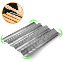 Nonstick Perforated French Bread Pan Loaf Bake Mould Toast Cooking Bakers Moulding Toaster Pan Cloche Waves Silver Steel Tray Y200612