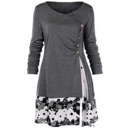 Plus Size 5XL Draped Floral Long Tunic Shirts Long Sleeve O-Neck Buttons Embellished Women Blouse Spring Casual Tops Tee T200321