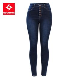 2141 Youaxon New Arrived High Waist Jeans For Women Stretchy Dark Blue Button Fly Denim Skinny Pants Trousers 210329