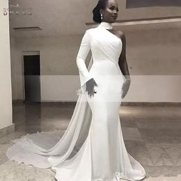 African White High Neck Satin Mermaid Evening Dresses One Shoulder Ruched Sweep Train Formal Party Red Carpet Prom Gowns CG001