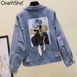 Streetwear Style Women's Denim Jacket Print Long Sleeve Jean Jacket Loose Bomber Coat Ladys Spring Autumn Hole Female Outwear 201017