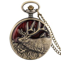 Steampunk Engraved Elk Watch Alloy Full Hunter Cover Men Women Quartz Analogue Pocket Watches Necklace Chain Arabic Number Display