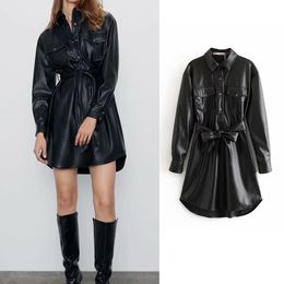 Za 2020 Pu Leather Dress Pockets Fashion Long Sleeve Black Dress Turn Down Collar High Waist with Belt Vestido Mujer Y0118