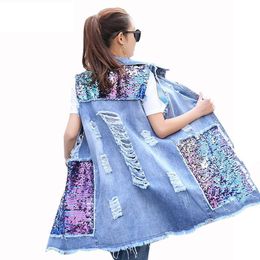 Spring Autumn Long Cardigan Denim Jacket Women Sequined Sleeveless Jeans Jackets fashion ladies blue Hole Coat Plus Size Outwear 201026