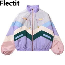 Flectit Women Pastel Bomber Jacket Cute Embroidery Colour Block Duster Souvenir Sukajan Jacket Japanese Girls Harajuku Style * 201120