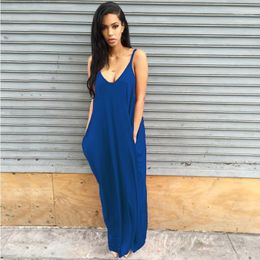 Sexy Womens Solid Colour Maxi Dresses Female Spaghetti Strap Summer V Neck Dresses with Pockets Free Shipping11