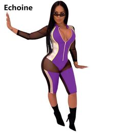 Sexy Bodycon Sheer Mesh Patchwork Playsuit Elegant Jumpsuit Club Outfit Woman Pu Party Bodysuit Rompers Colorful Patchhwork T200704