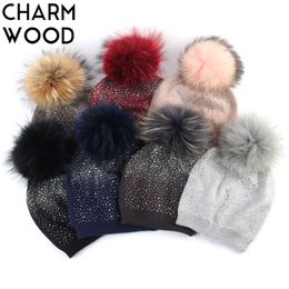 Women's with Raccoon Pompom Winter Warm Cashmere Knitted Rhinestone Slouchy Beanie Hat for Femme Skullies DQ876C Y200102