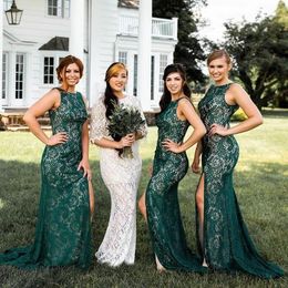 African Dark Green Lace Emerald Green Bridesmaid Dresses Sexy High Split Mermaid Wedding Guests Dresses Long Formal Prom Party Gowns Customize