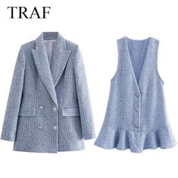 TRAF Elegant Women Sets Plaid Textured Notched Blazer Sleeveless Pleated Mini Dress Office Wear Chic Set Woman 2 Pieces 220302