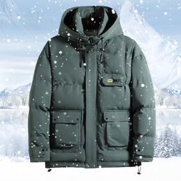 New Winter Men Parka Big Pockets Casual Jacket Hooded Solid Colour Mens Thicken Warm Hooded Down Outwear Coat Windproof 201126
