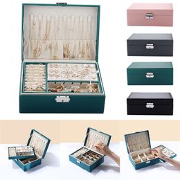 Double-Layer High Capacity LeatherJewelry Box Travel Organizer Multifunction Necklace Earring Ring Storage 220309