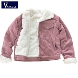 Vangull Corduroy Women Padded Jacket Thick Velvet Jacket Winter Warm Solid Outerwear Long Sleeve Vintage Short Women Coat 201106