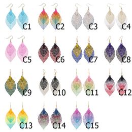 15 Colors Dangle Double Leaf Tassel Earrings Simple Retro Colorful Metal Leaves Ear Drop Fashion Jewelry Wholesale