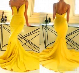 Sexy Yellow Evening Dresses 2020 Illusion Deep V-Neck Sleeveless Backless Mermaid Vestidos Prom Formal Gowns Long Party Dress